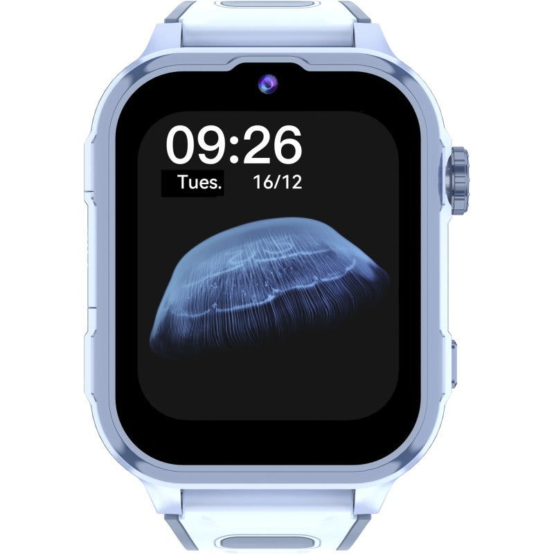 Blue smartwatch with white band, digital display showing 09:26, and a jellyfish wallpaper.