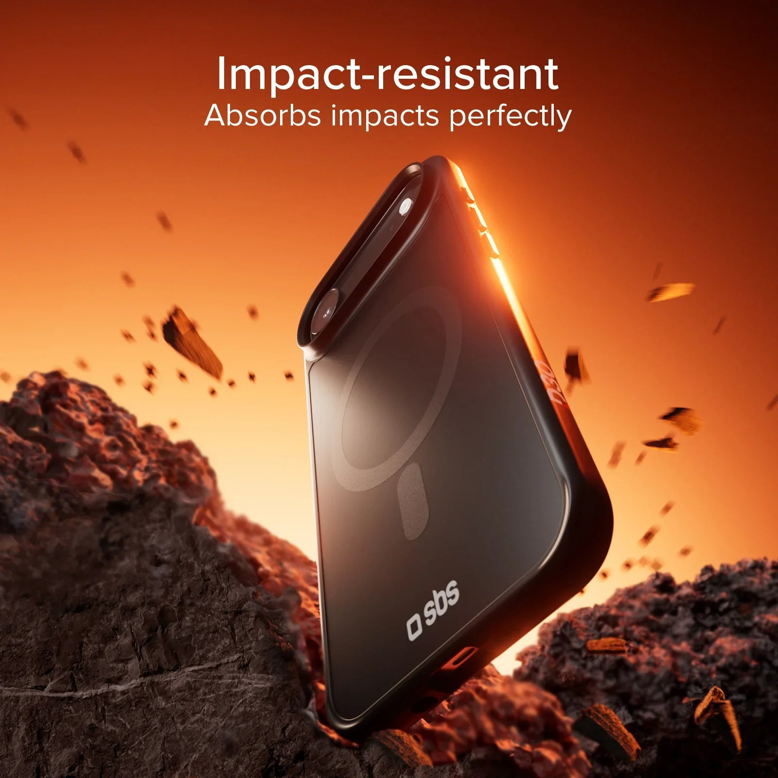 Funda de teléfono negra resistente a impactos en un paisaje rocoso.