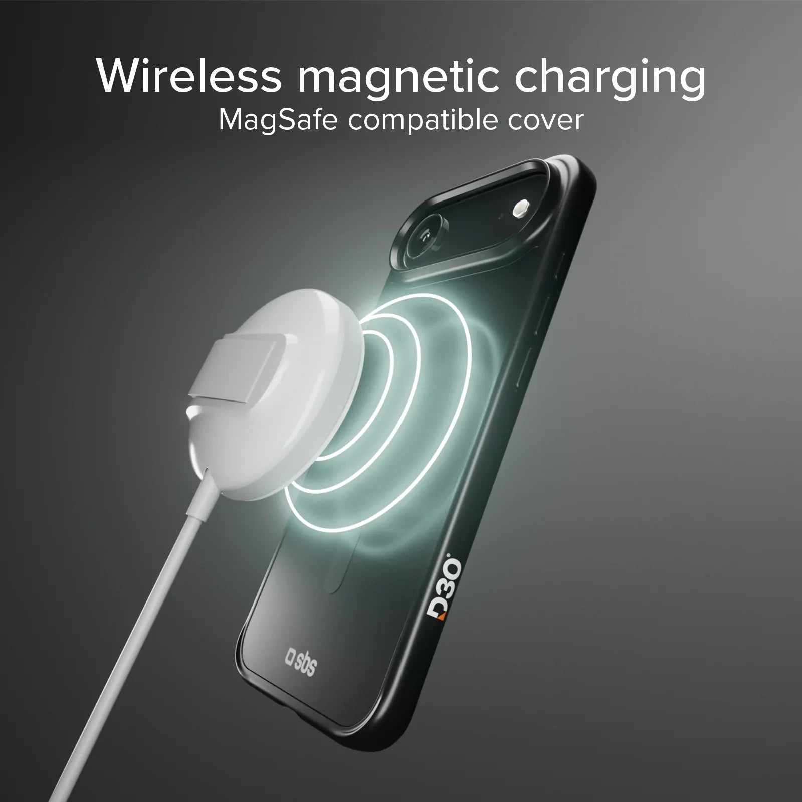 Un smartphone negro con funda protectora se carga de forma inalámbrica y magnética, con ondas brillantes.
