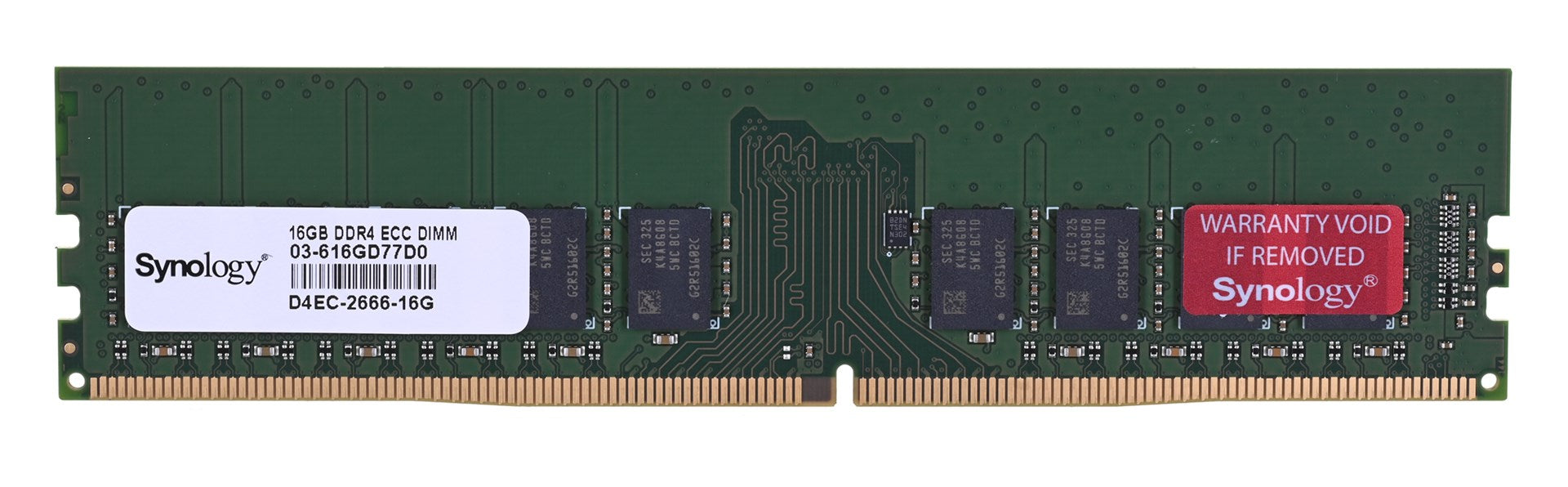 Beyaz ve kırmızı etiketli yeşil Synology 16GB DDR4 ECC DIMM RAM modülü.