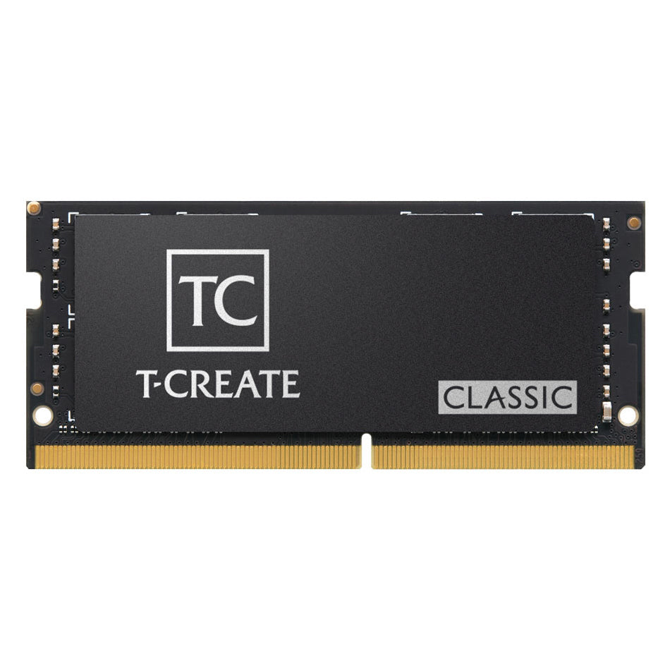 Czarny moduł RAM SODIMM T-Create Classic DDR5 z białym napisem na czarnym radiatorze, na białym tle.