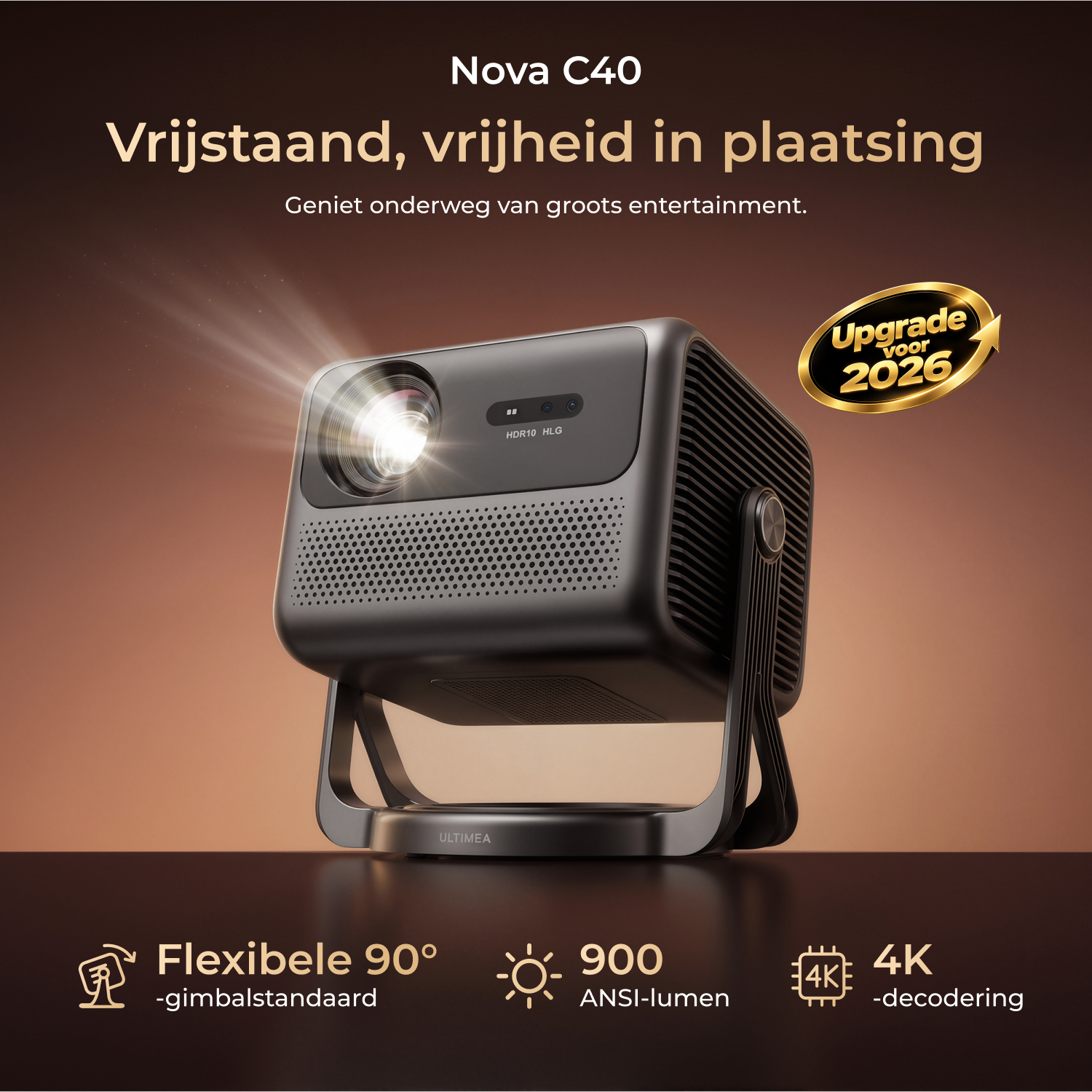 Nova C40 projector on a stand emitting bright light, text on a brown background.