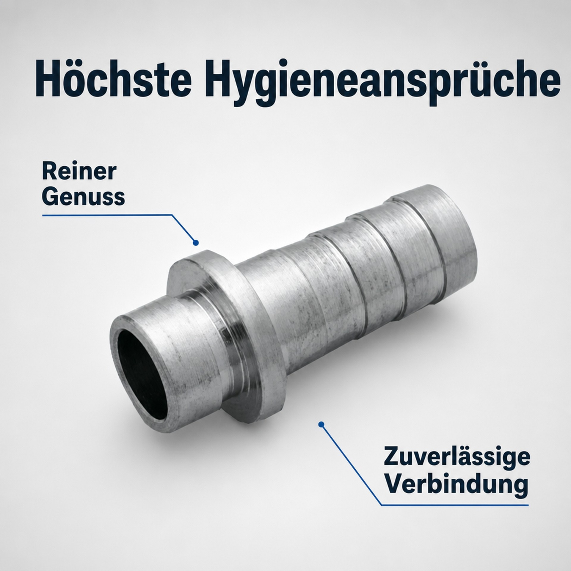 Metallschlauchverbinder mit deutschen Texten für höchste Hygiene und zuverlässige Verbindung auf grauem Grund.