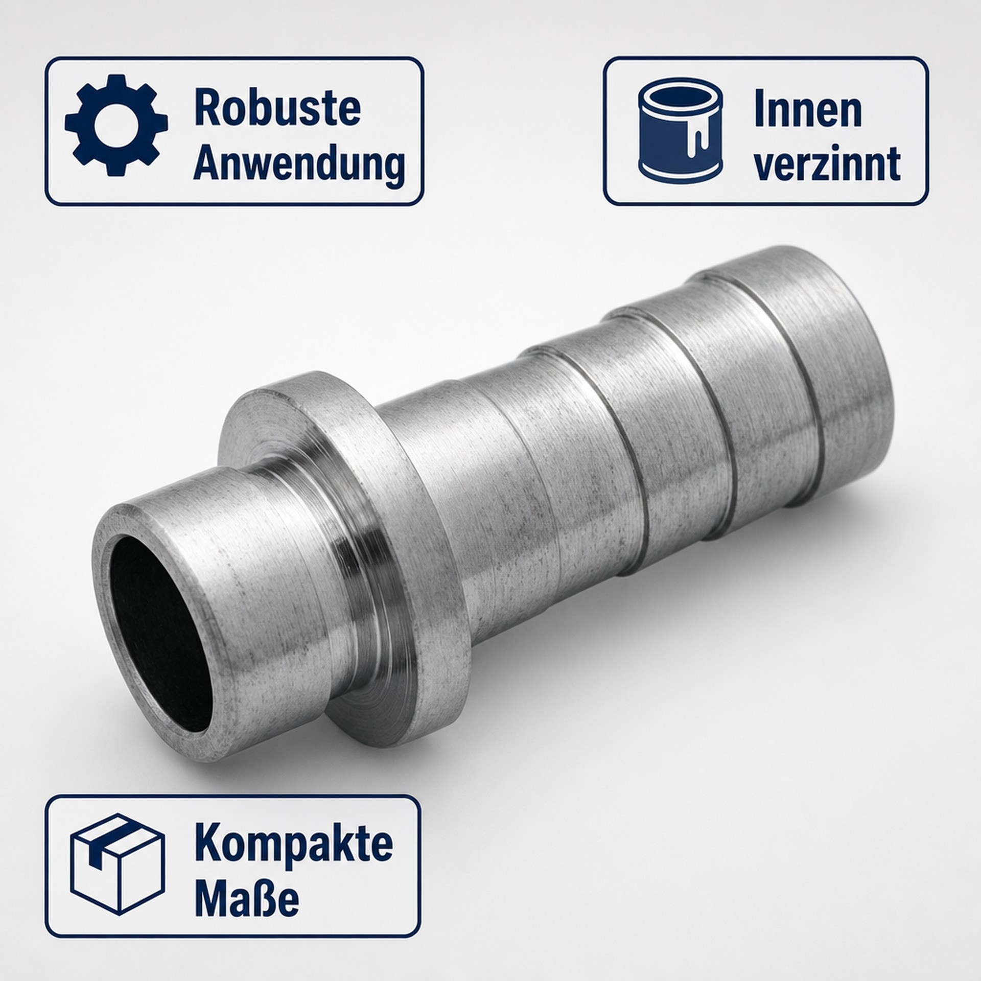 Metallschlauchverbinder mit geripptem Ende und Kragen auf hellem Hintergrund.