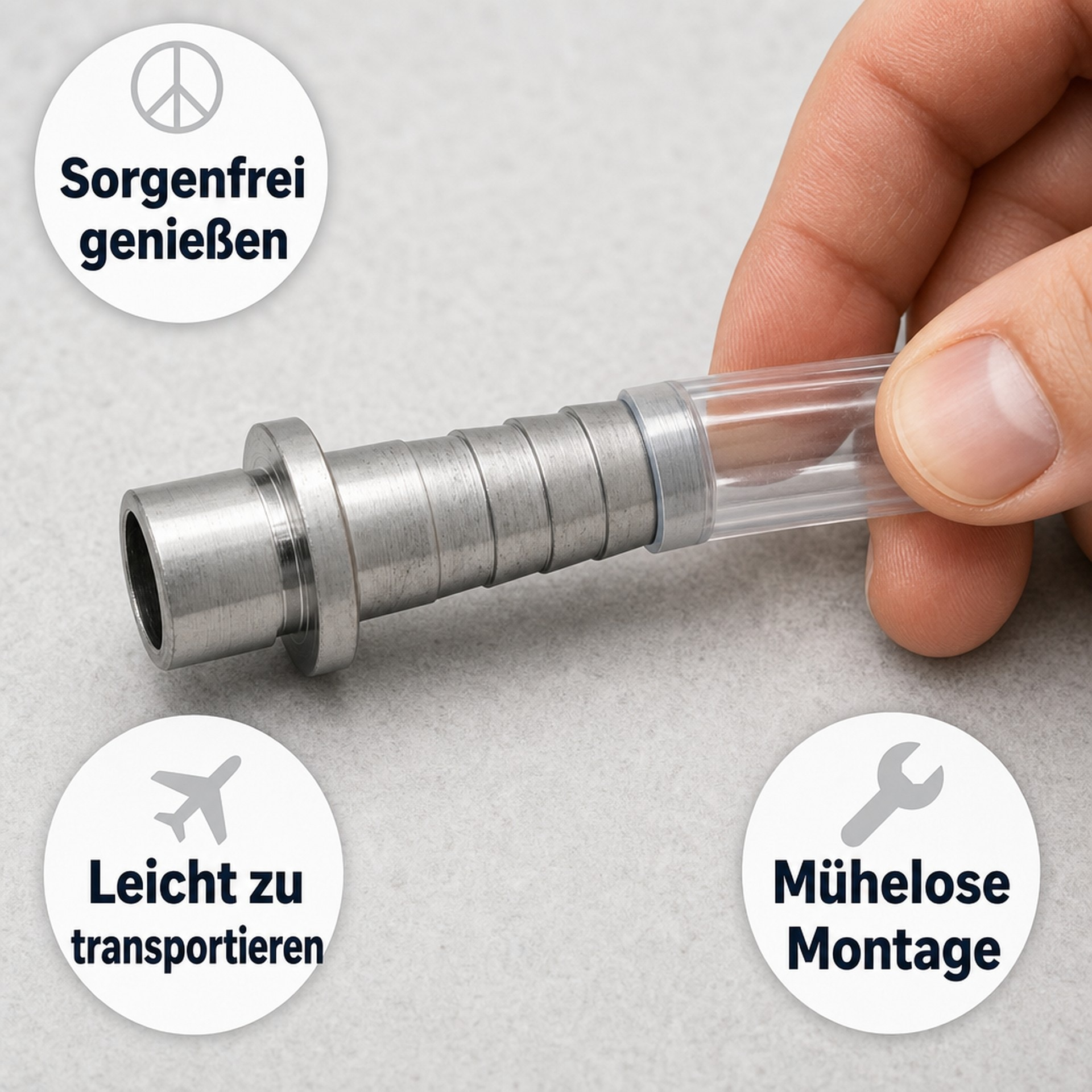 Eine Hand hält ein geriffeltes Metallrohr mit einem transparenten Aufsatz auf grauem Hintergrund, umgeben von Textsymbolen.