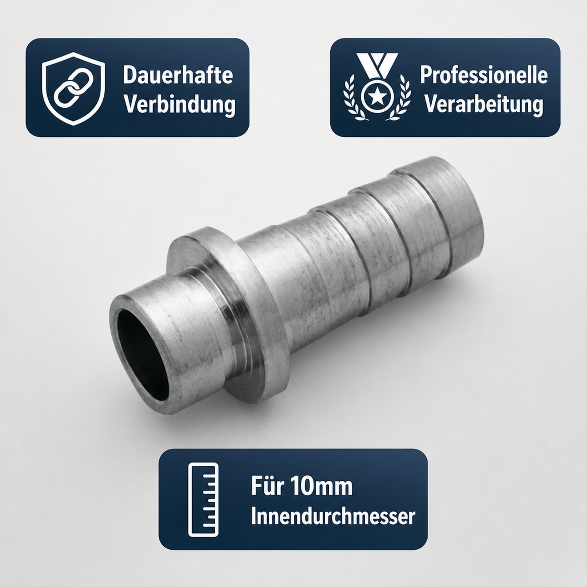 Metallschlauchverbinder mit 10mm Innendurchmesser und Textkacheln für dauerhafte Verbindung und Verarbeitung.