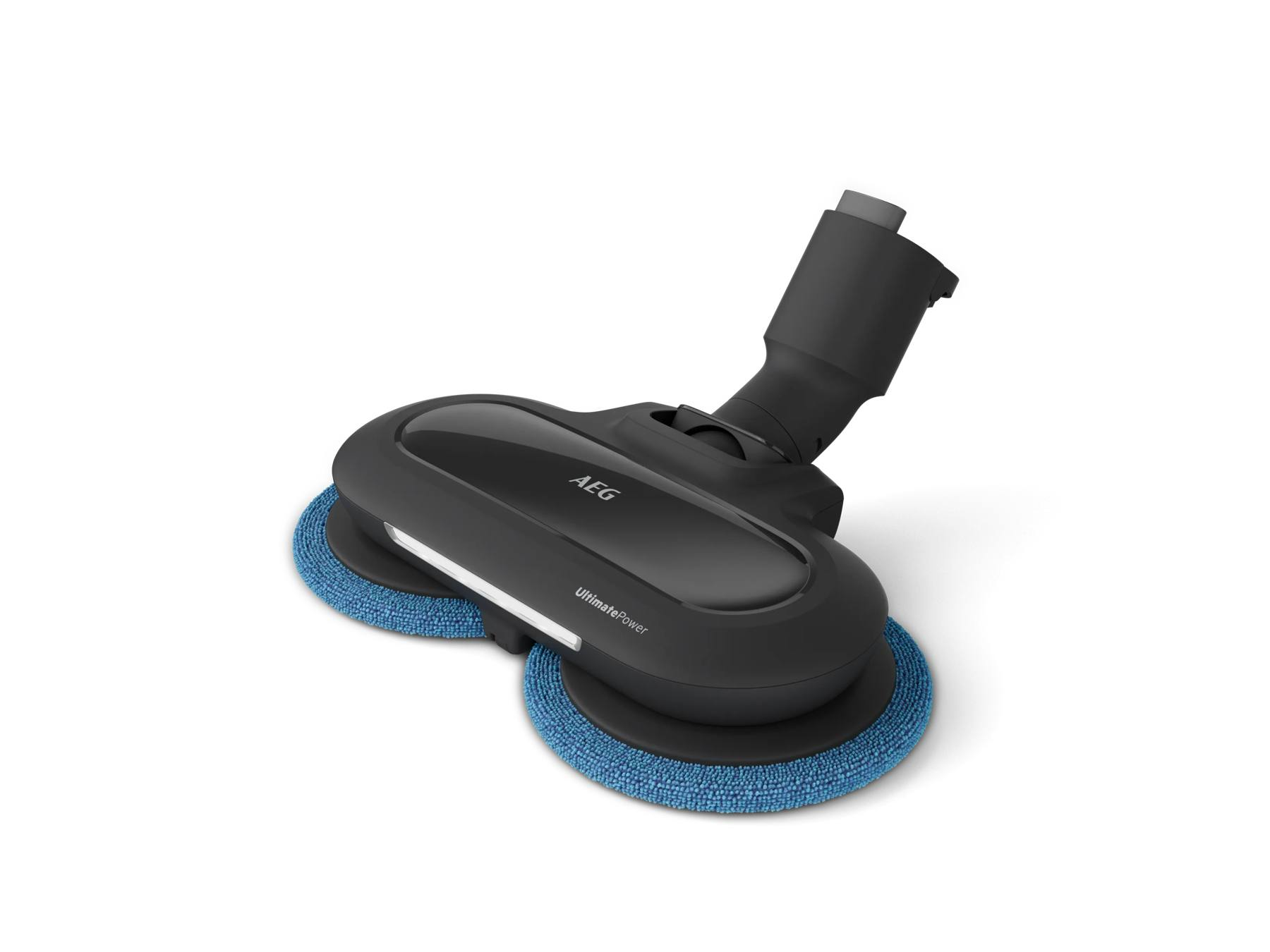 Un cabezal mopa negro AEG UltimatePower con dos almohadillas azules redondas sobre fondo blanco.