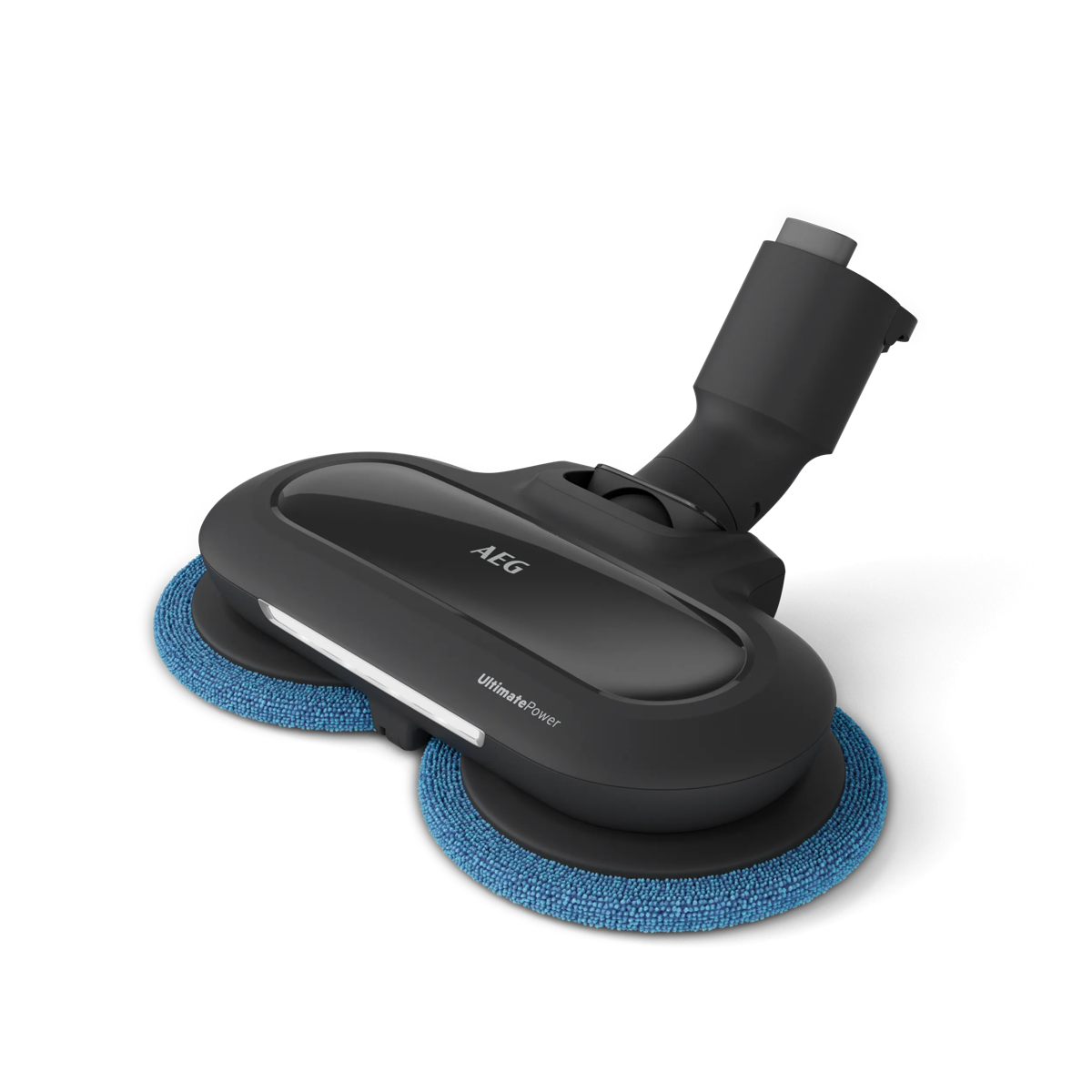 Un cabezal mopa negro AEG UltimatePower con dos almohadillas de microfibra azules sobre fondo negro.