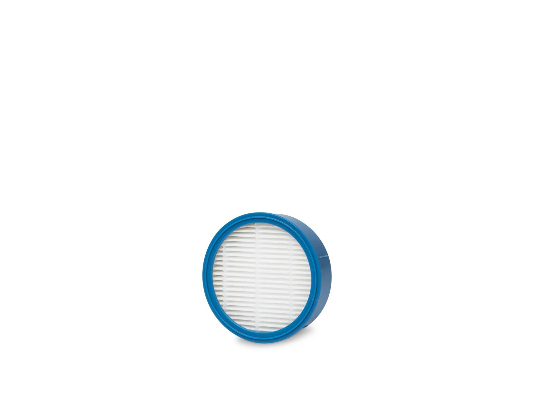 Filtro redondo azul con interior blanco sobre fondo blanco.