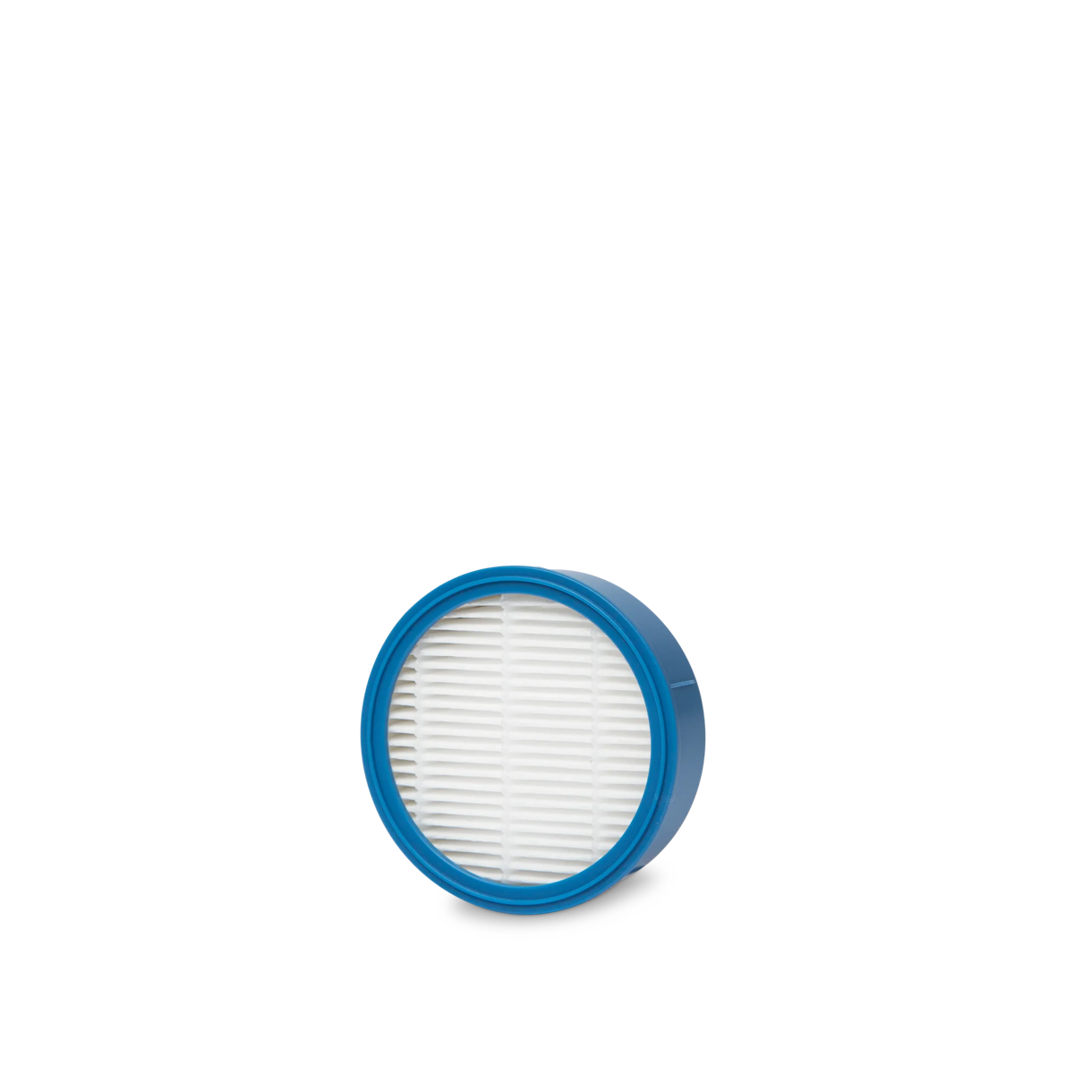 Un filtro de aspiradora redondo y azul con pliegues blancos sobre fondo negro.