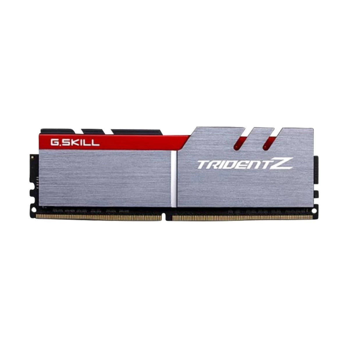 Módulo de RAM G.Skill Trident Z con disipador plateado y barra roja en un circuito impreso negro.