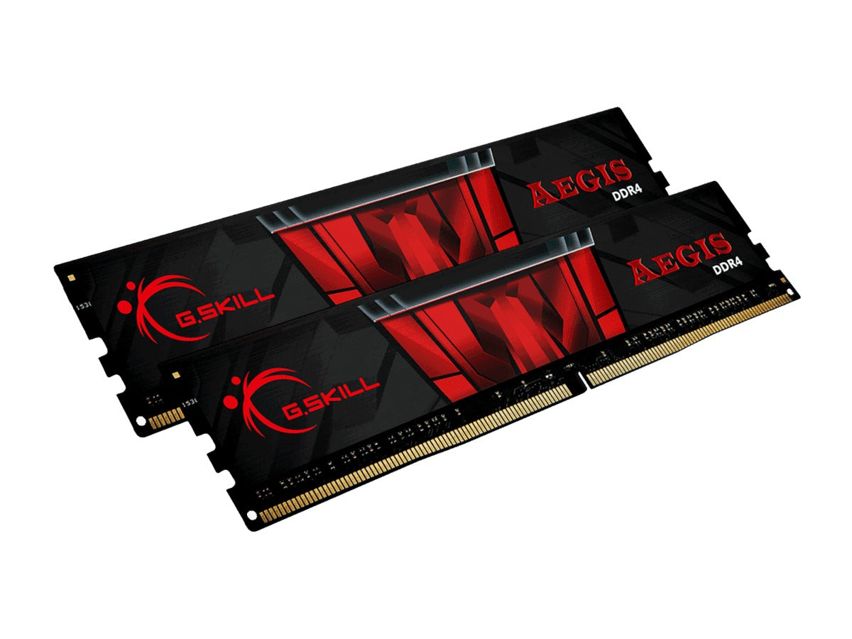 Dos módulos de RAM DDR4 G.Skill Aegis negros con diseño rojo y negro sobre fondo blanco.