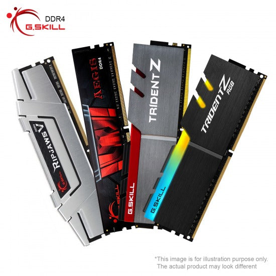 Cuatro módulos de memoria RAM DDR4 G.SKILL diferentes están colocados en diagonal sobre un fondo claro.