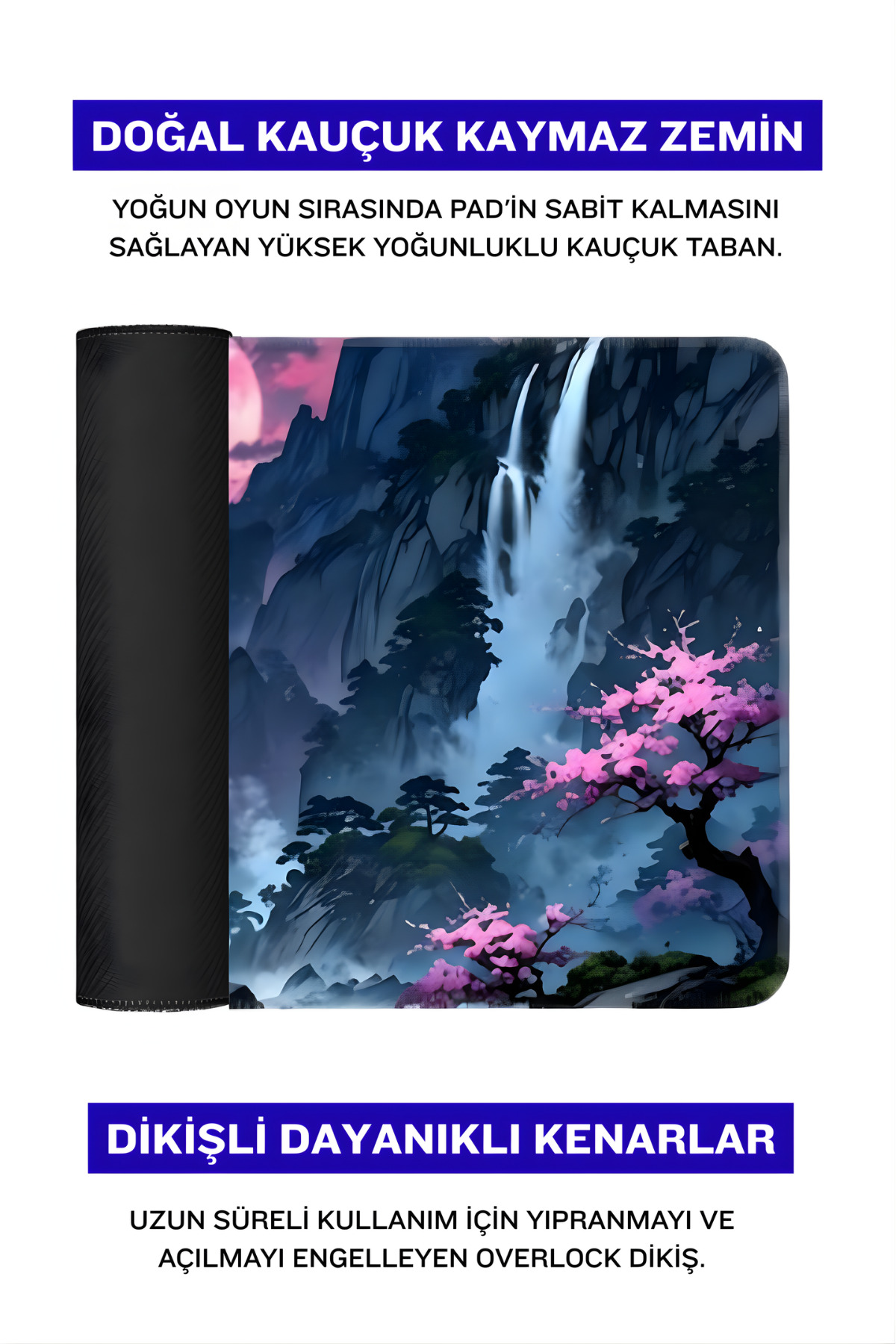 Şelale, dağlar ve pembe kiraz çiçekleri ile Türkçe yazılar içeren oyuncu mousepad'i.