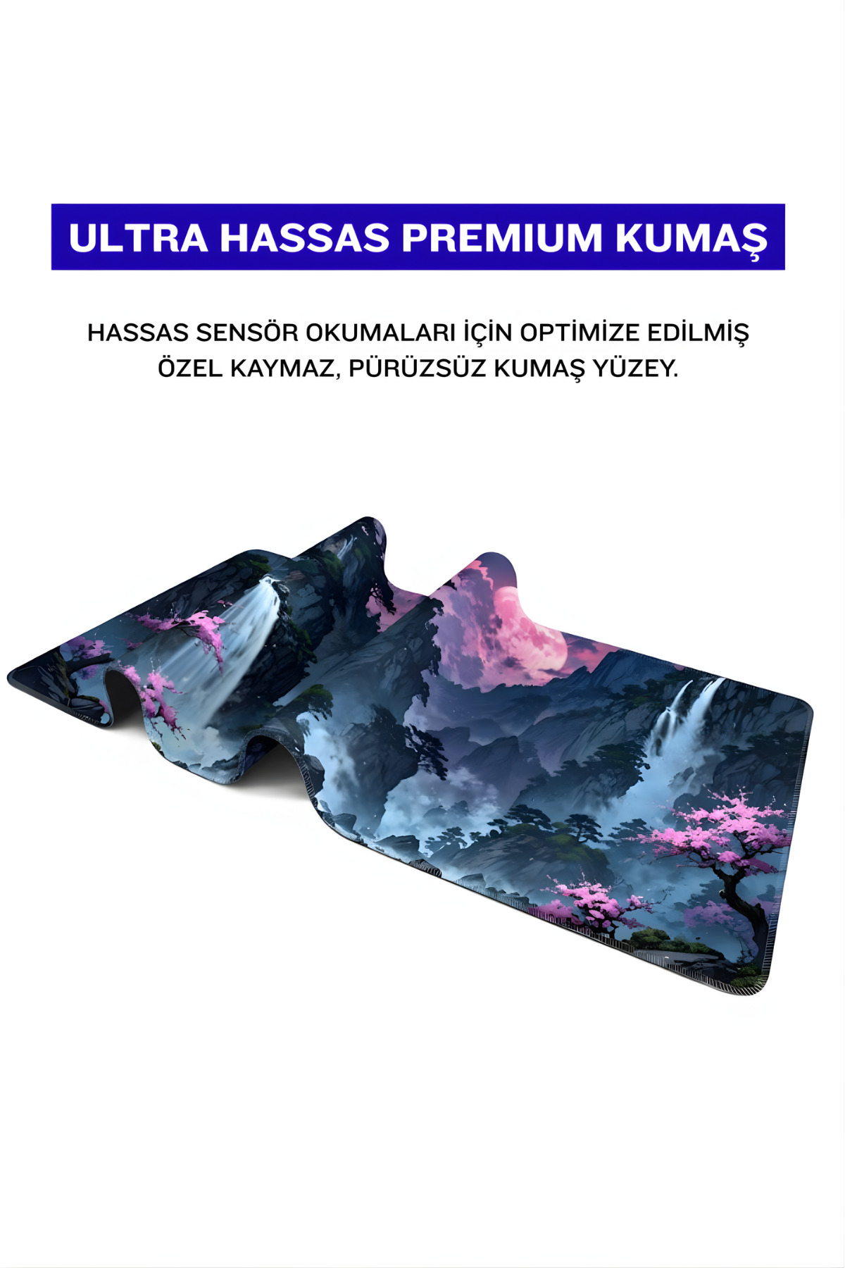 Pembe ay altında dağ manzarası, şelaleler ve pembe kiraz çiçekleri olan bir oyuncu mousepad'i.