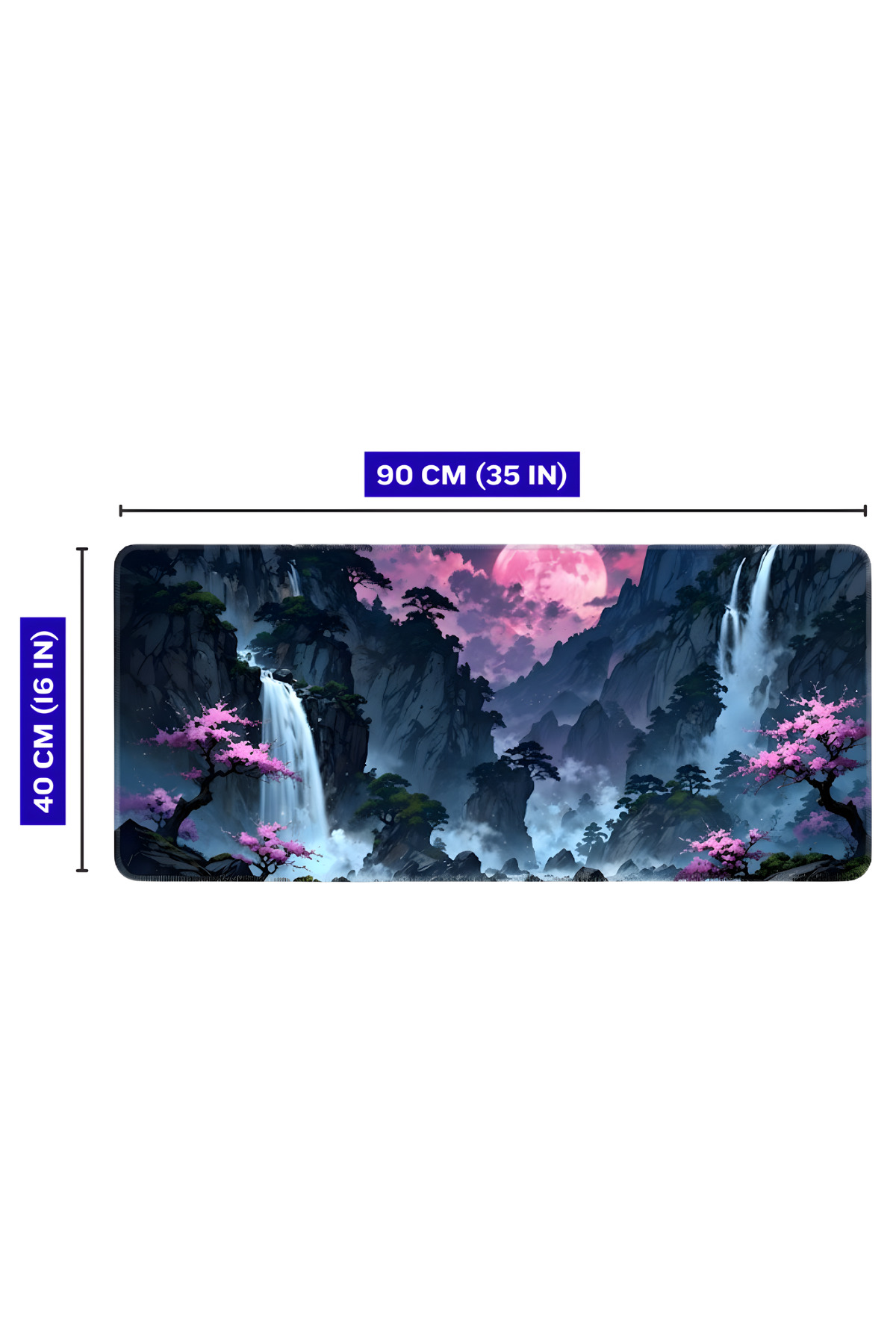 90x40 cm boyutunda dikdörtgen bir fare altlığı, şelaleler ve pembe kiraz çiçekleriyle gece dağ manzarasını gösterir.