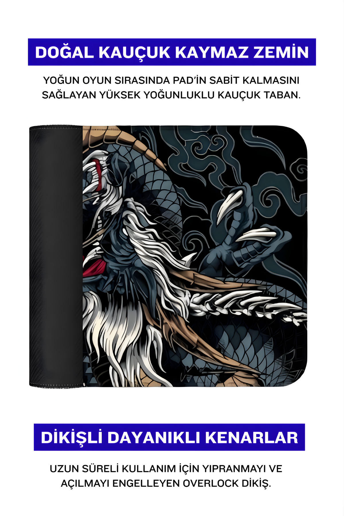 Ejderha grafikli ve Türkçe yazılı siyah bir mousepad.