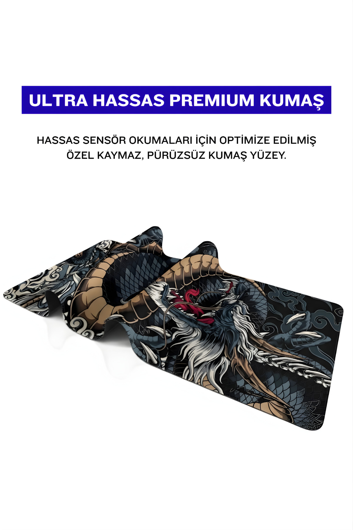 Beyaz arka plan üzerinde ejderha desenli ve yazılı dokulu mousepad.