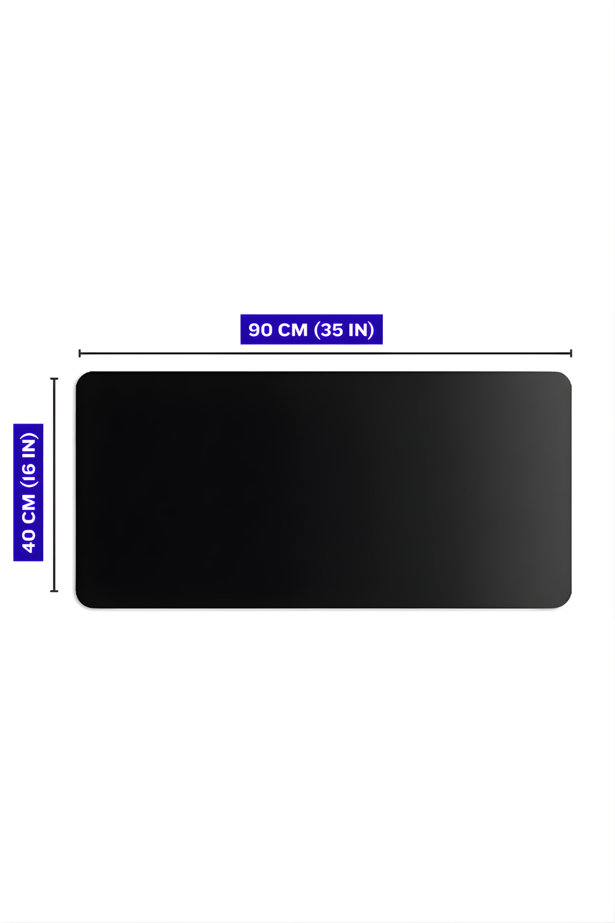 Beyaz arka planda 90 cm x 40 cm boyutlarında siyah dikdörtgen masa matı.