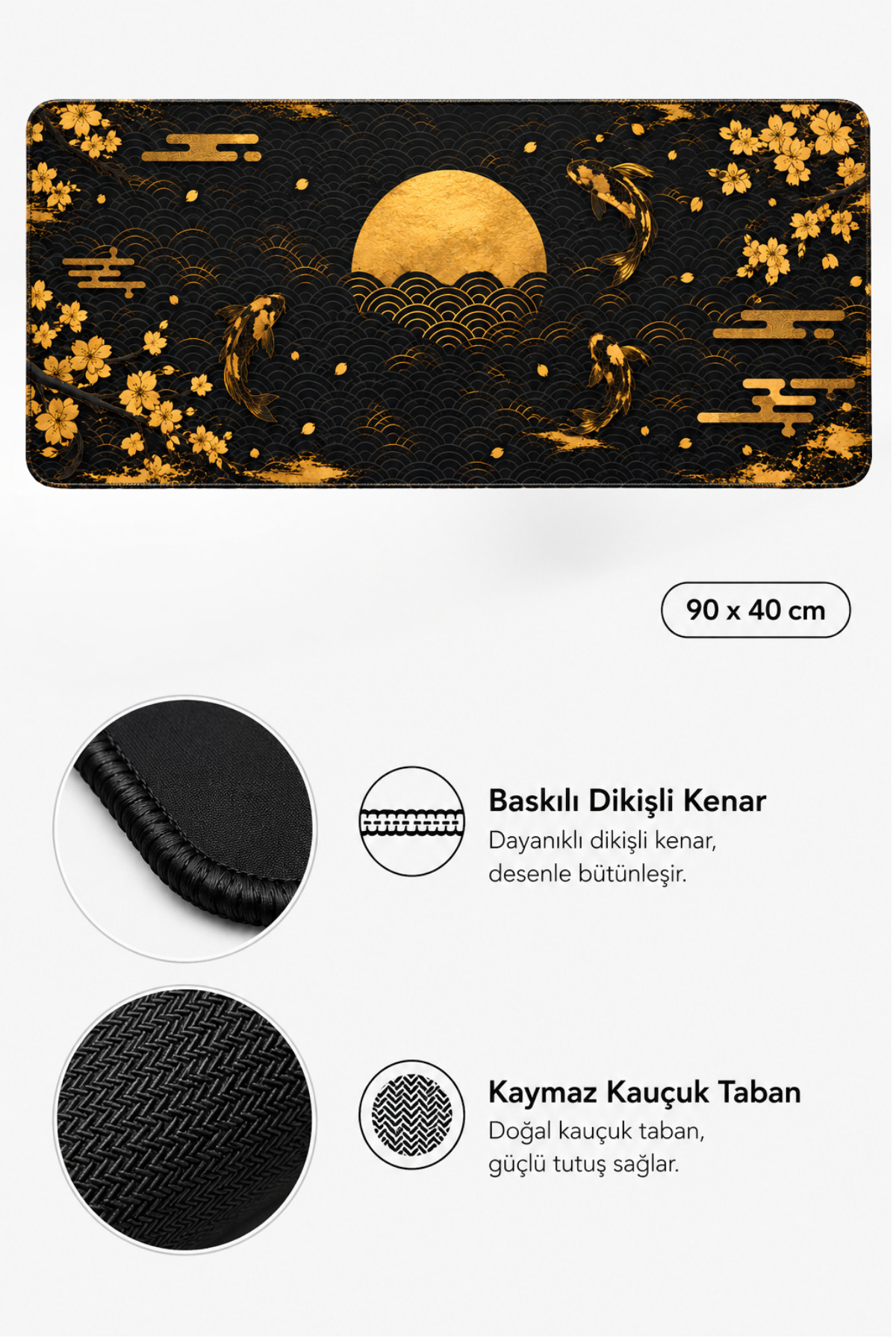 Altın koi balığı desenli, dikişli kenarlı ve kaymaz kauçuk tabanlı oyuncu mousepad.