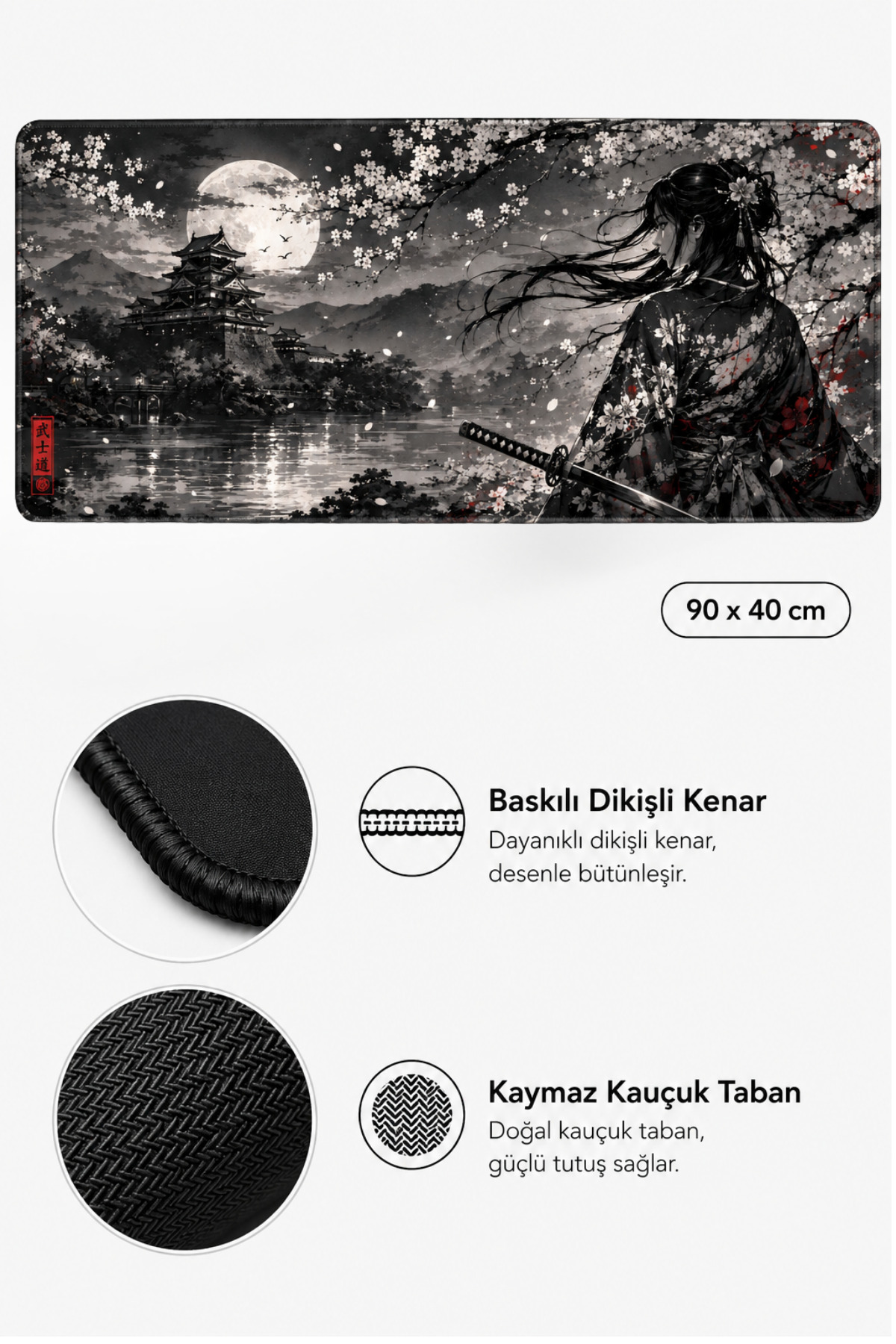 Samuray, kale, kiraz çiçekleri ve kaymaz tabanlı anime mousepad.