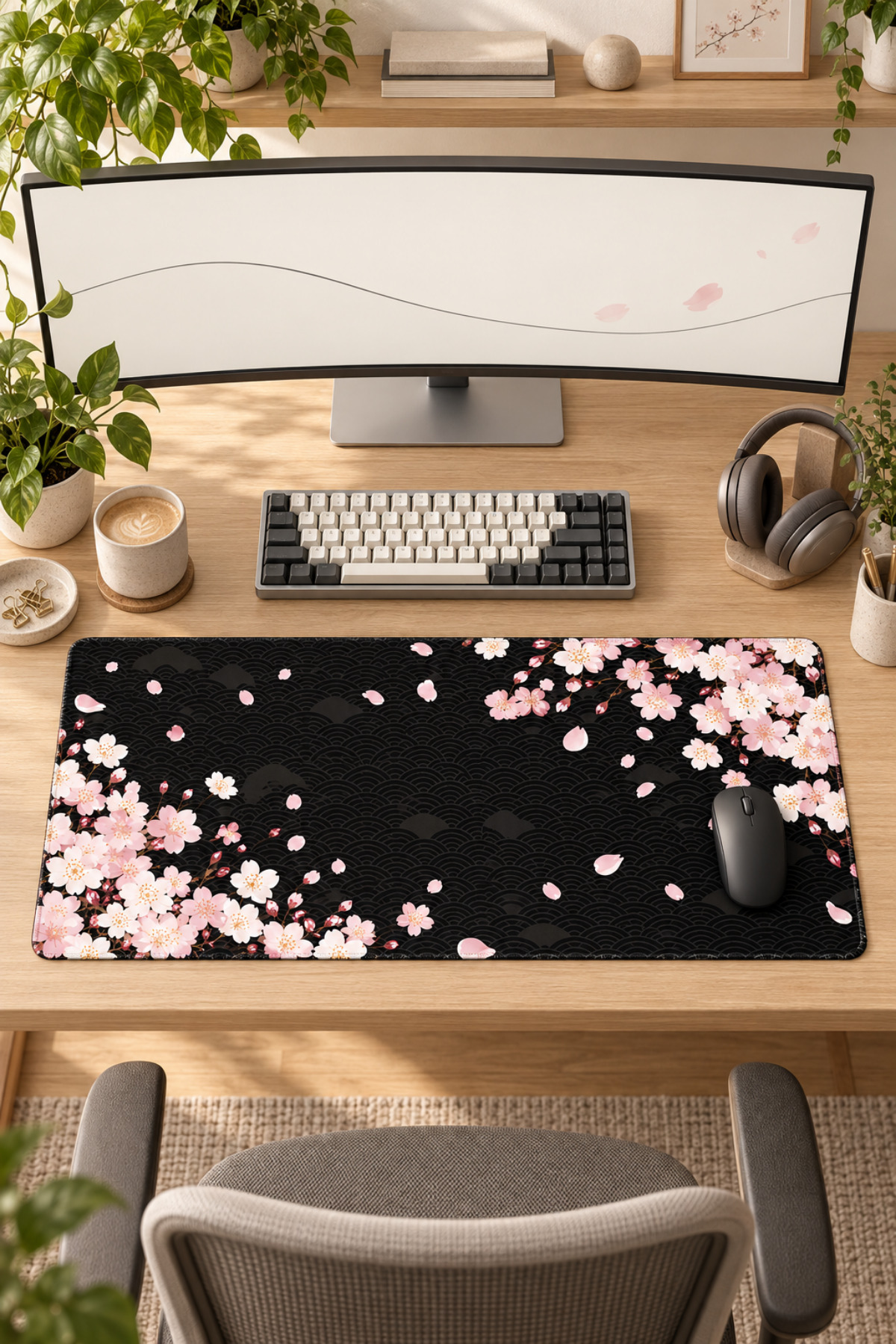 Monitör, klavye ve kiraz çiçeği desenli büyük mouse pad'in bulunduğu düzenli bir masa.