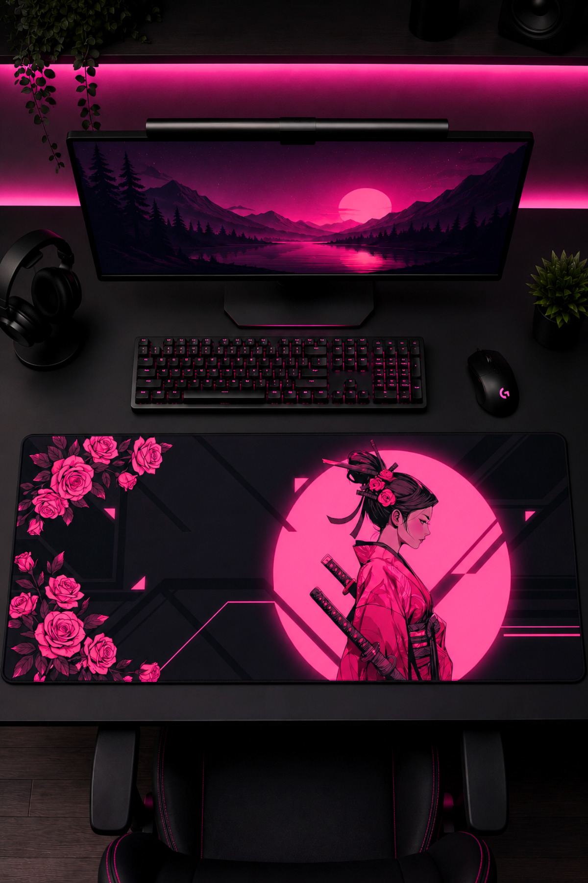 Pembe neon ışıklı, monitörlü, klavyeli ve samuray mousepad'li bir masa.