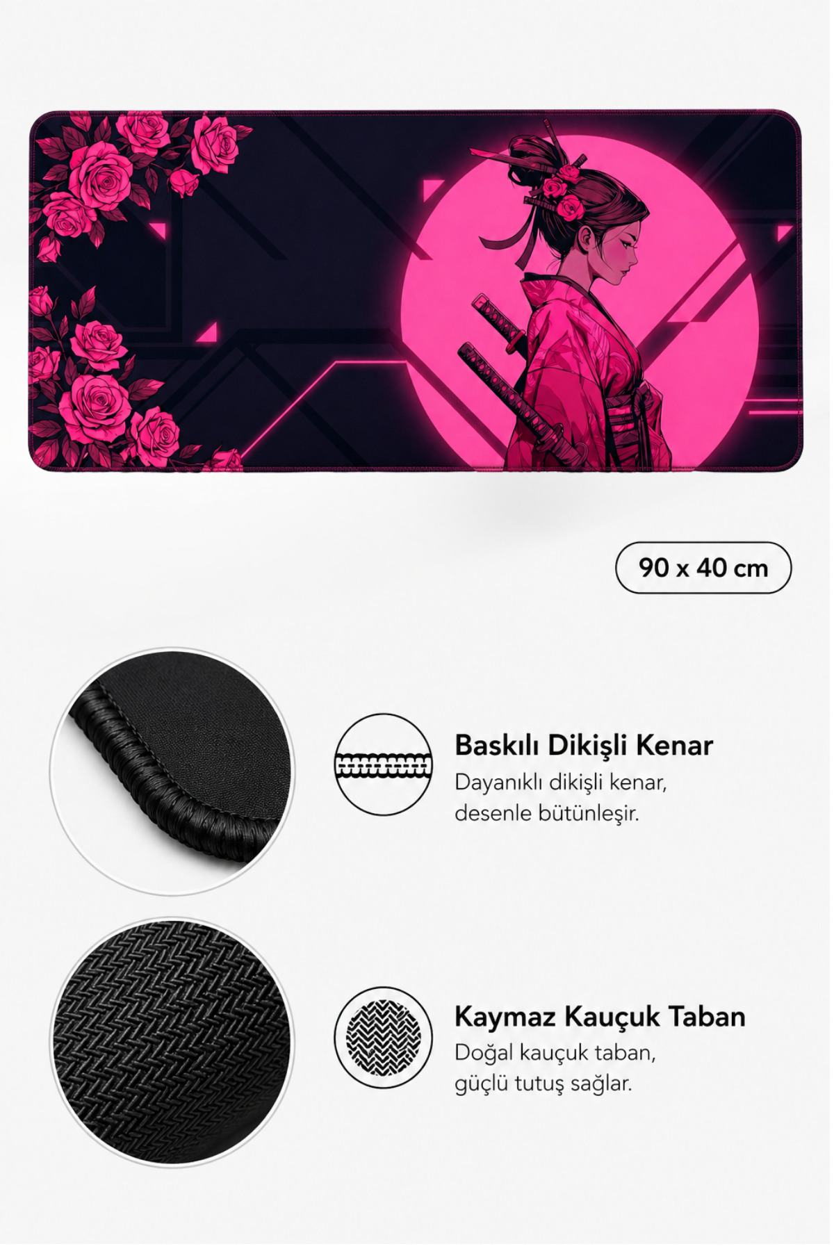Samuray kadın grafikli, pembe gül desenli, dikişli kenarlı ve kaymaz kauçuk tabanlı siyah büyük oyuncu mousepad.