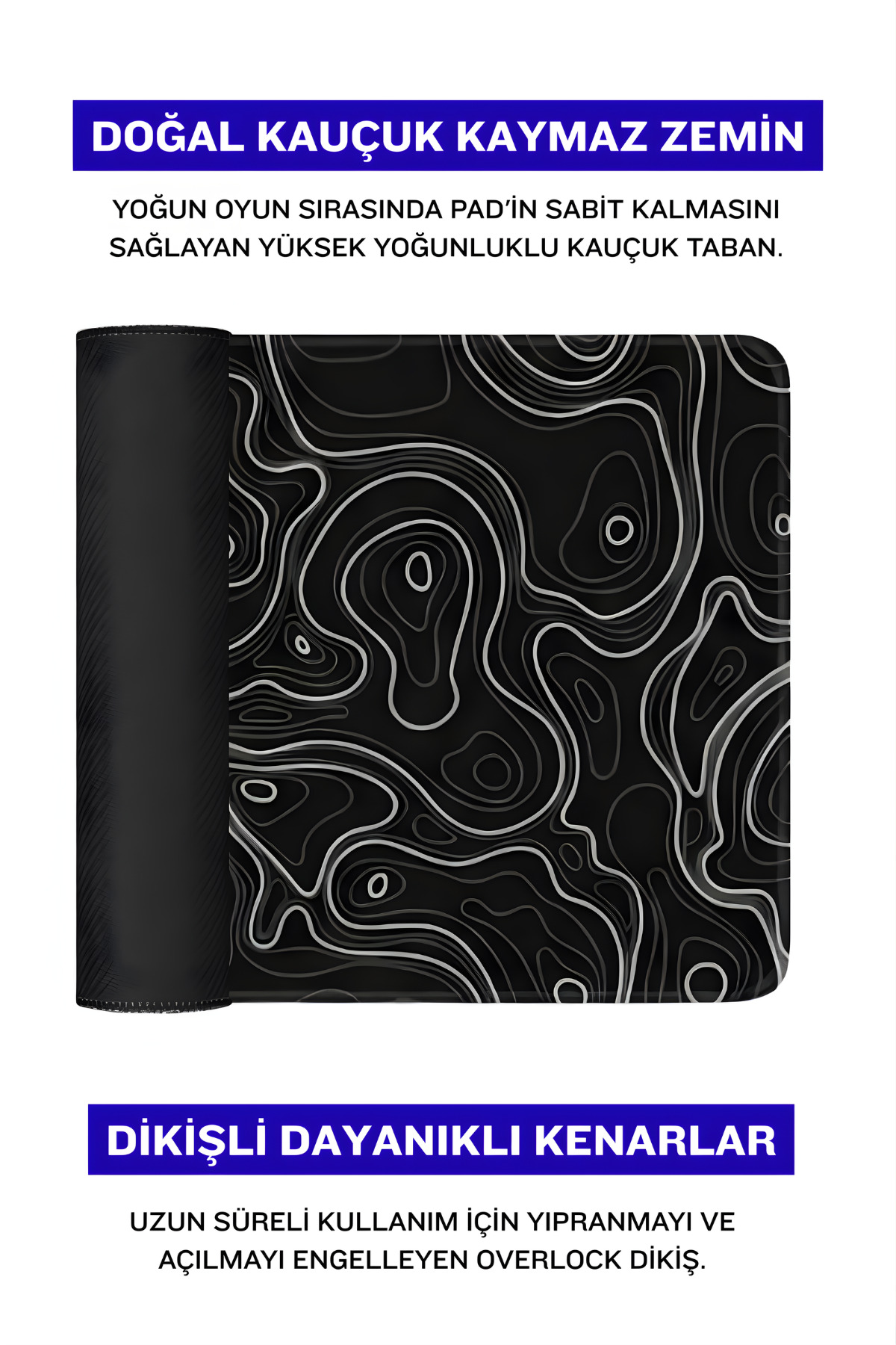 Beyaz topoğrafik çizgi desenli ve kıvrık kenarlı siyah oyuncu mouse pad.