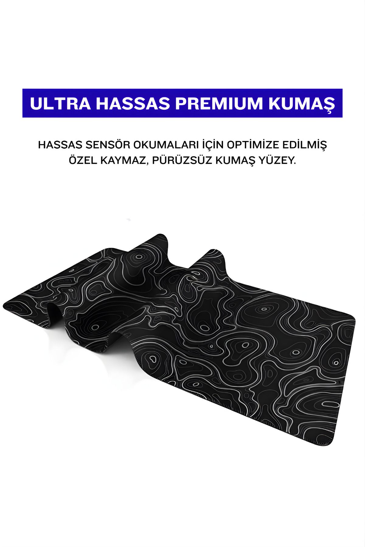 Beyaz arka plan üzerinde beyaz topoğrafik desenli siyah mousepad, mavi başlık ve Türkçe metin.
