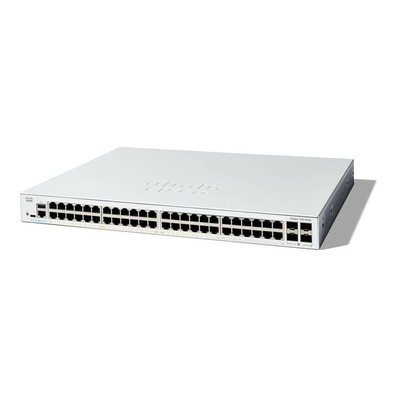 A silver network switch with multiple ethernet ports on the front panel against a white background.
