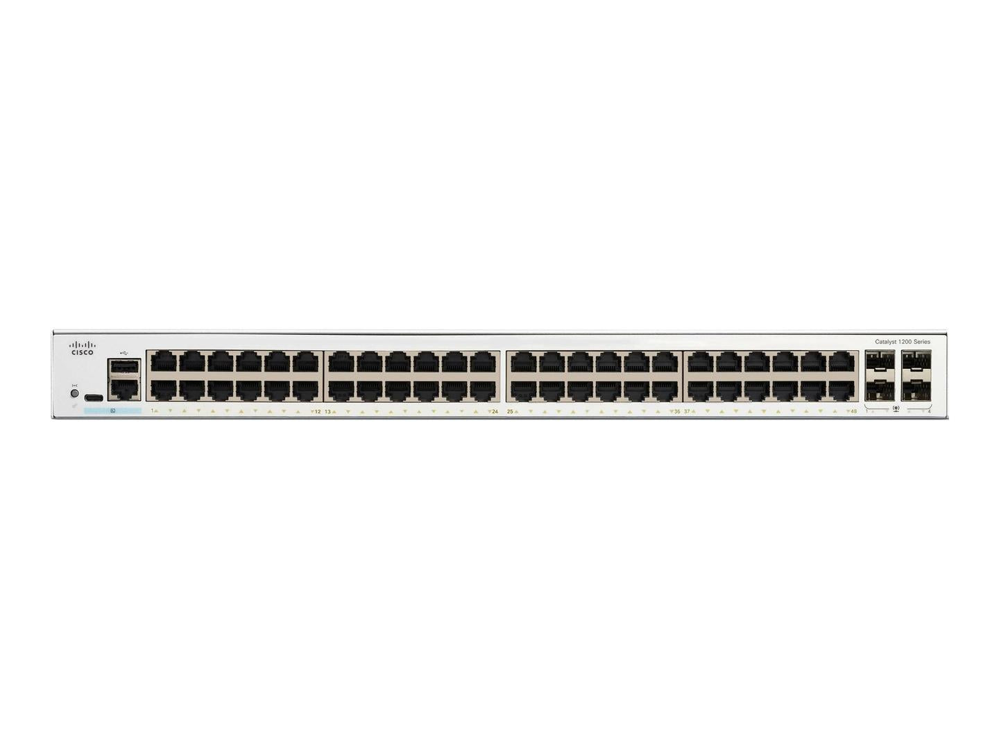 Silver Cisco Catalyst 1200 Series network switch featuring numerous RJ45 ports and LED indicators against a white background.