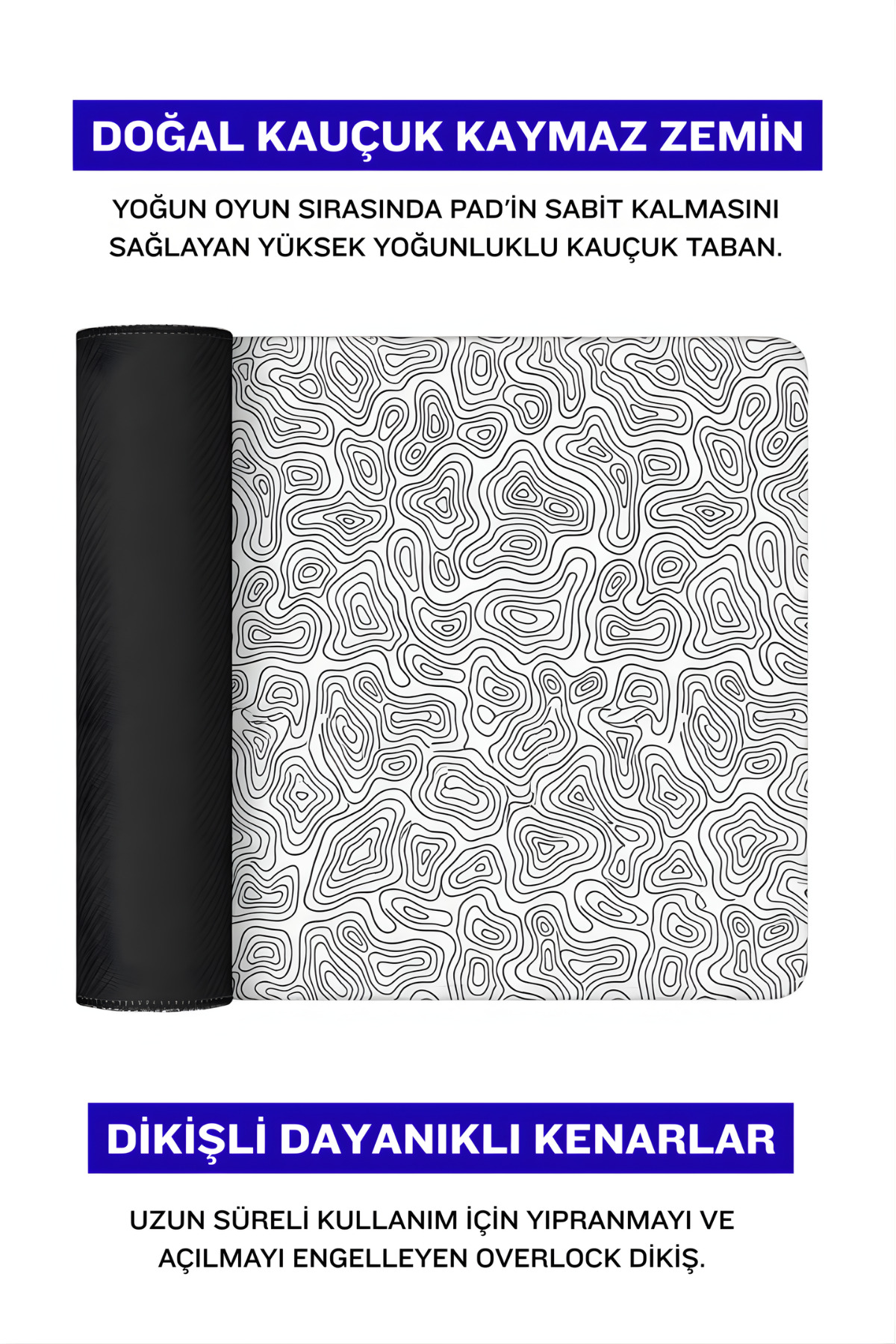 Üzerinde topoğrafik desen olan siyah beyaz oyun fare altlığı.