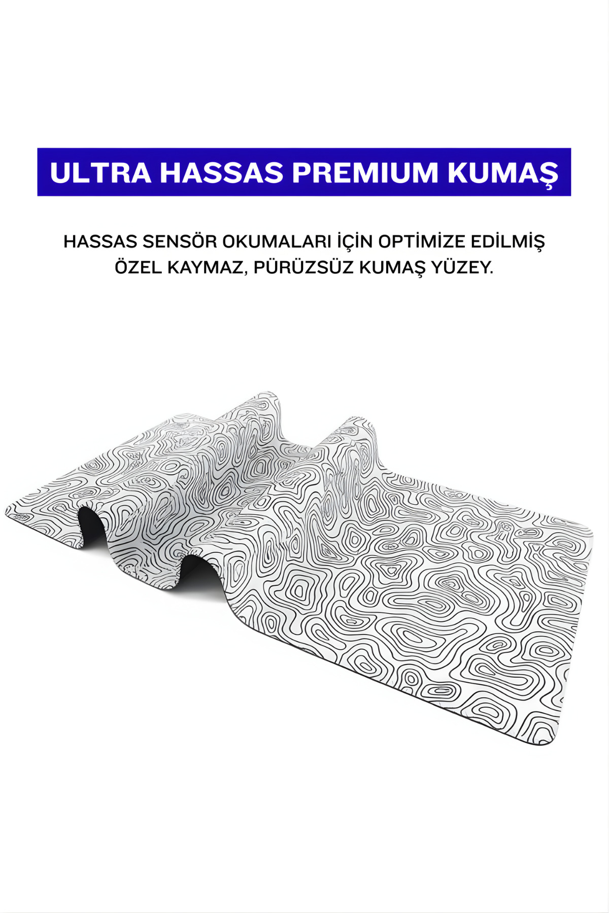 Üzerinde Türkçe tanıtım metni bulunan siyah beyaz topoğrafik desenli fare altlığı.
