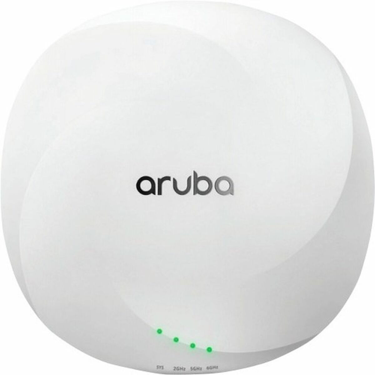 Un punto di accesso Aruba bianco con quattro spie LED verdi e un logo scuro sulla parte anteriore.