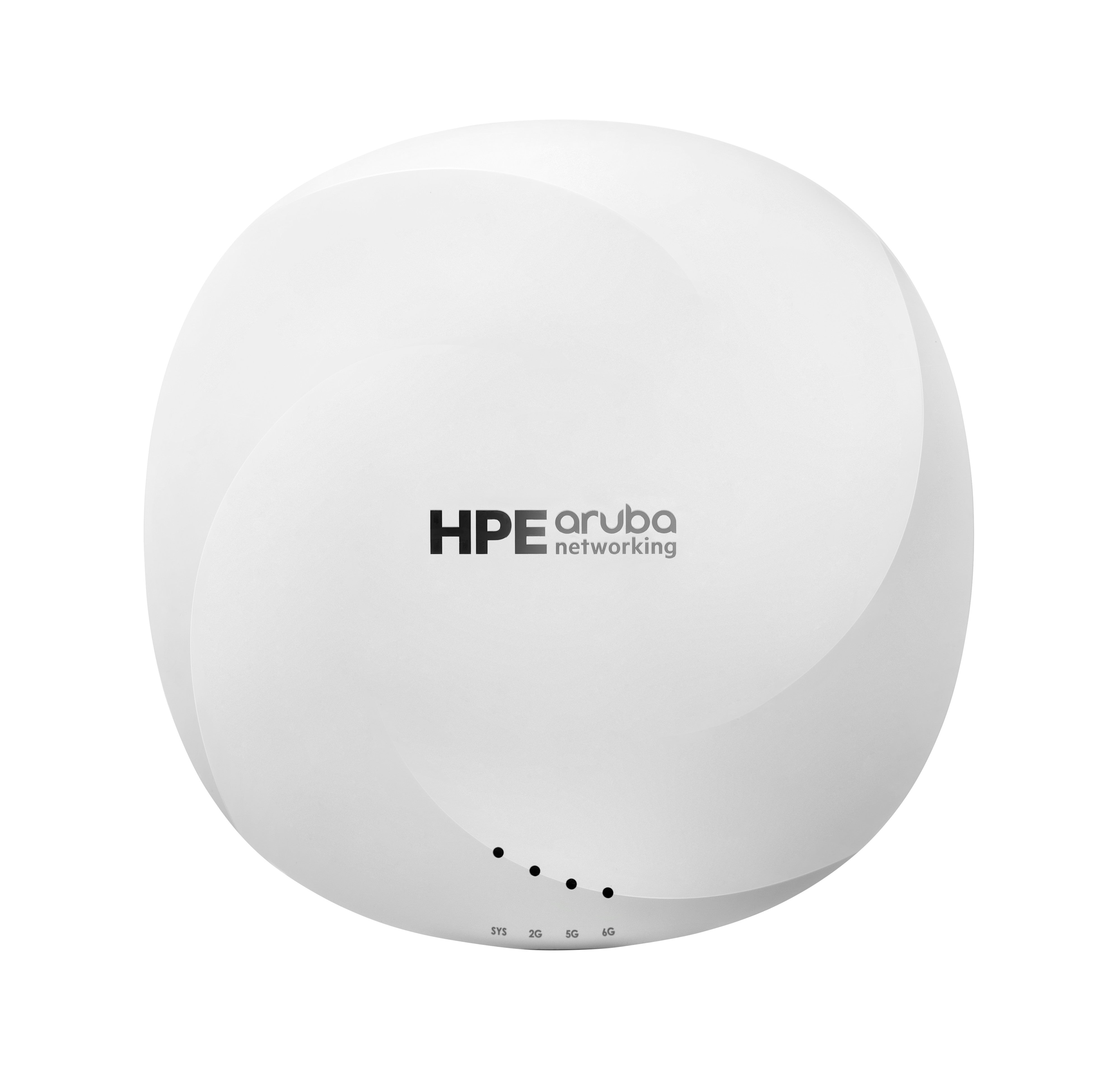 Un router HPE Aruba Networking rotondo e bianco con quattro LED di stato e loghi su sfondo bianco.
