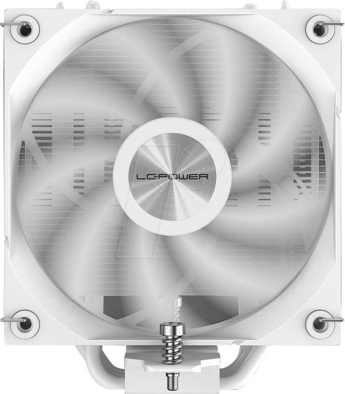 A white LC-Power CPU cooler with silver accents and a spring-loaded screw at the bottom.