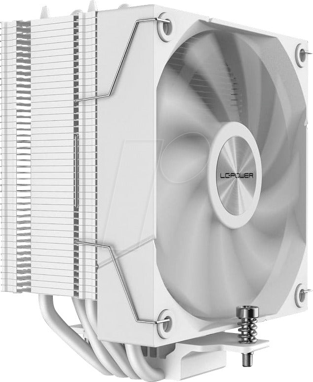 A white CPU cooler with aluminum fins and an LC-Power fan on a white background.