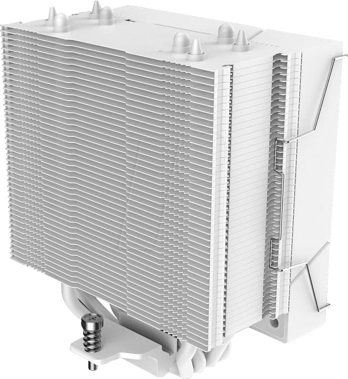 A white CPU cooler with numerous cooling fins and heat pipes against a white background.