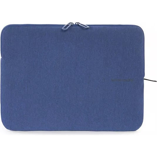 A blue laptop sleeve with a zipper against a white background.