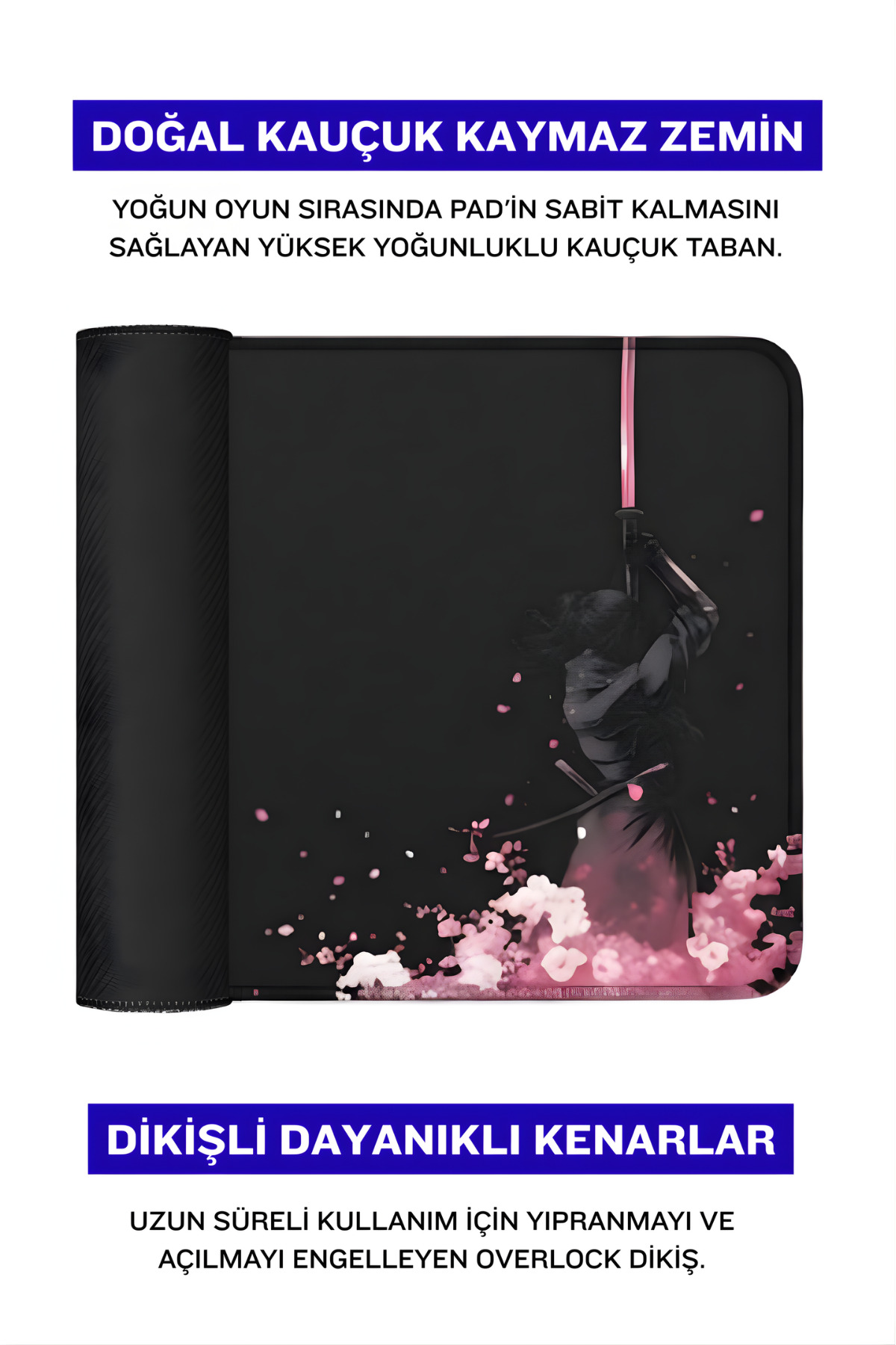 Samuray, pembe kılıç ve yapraklar içeren siyah oyuncu mouse pad.