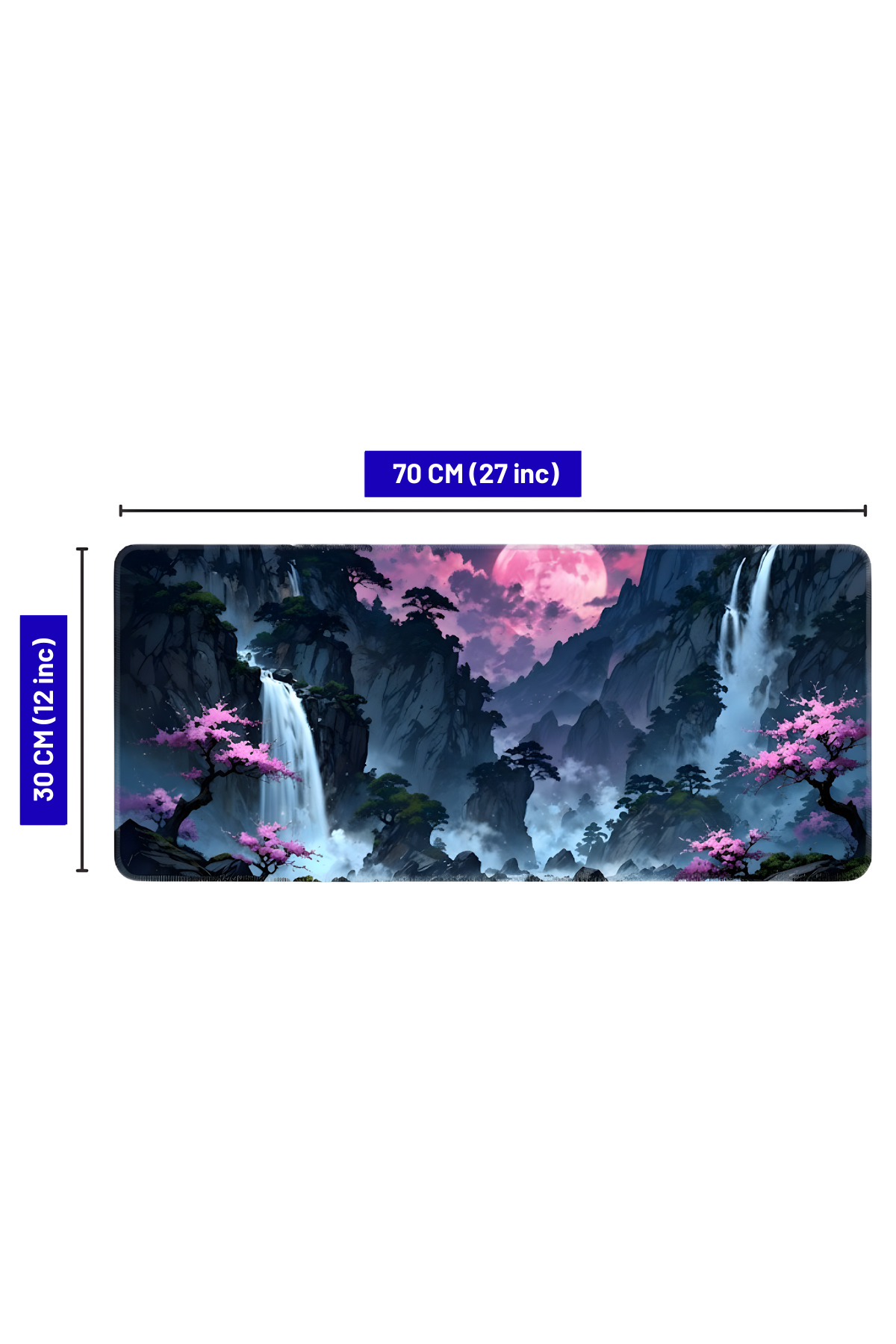 Şelaleler, pembe çiçekler ve ay manzaralı 70x30 cm anime mousepad.