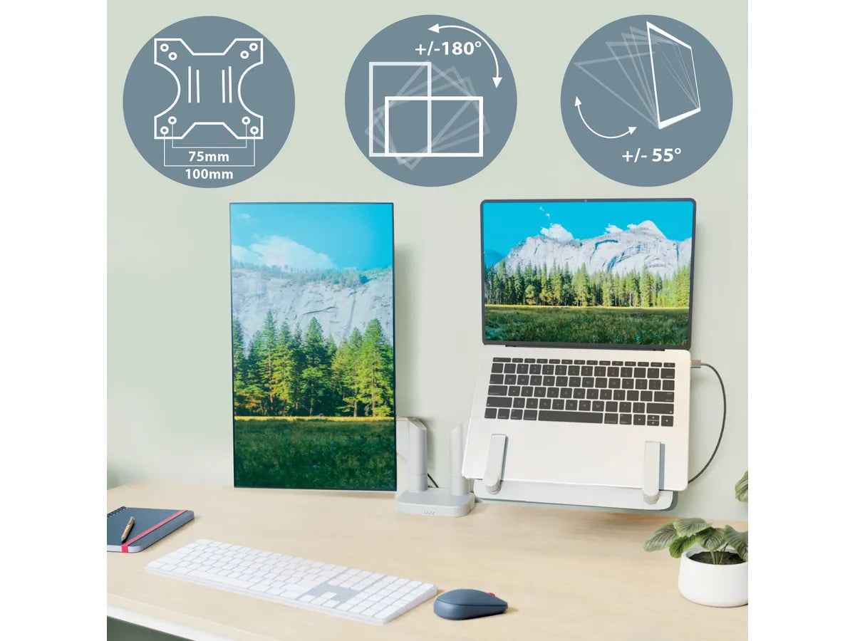 Ein Schreibtisch mit Laptop auf Ständer, Monitor, Tastatur, Maus und Icons für VESA-Halterung sowie Verstellbarkeit.