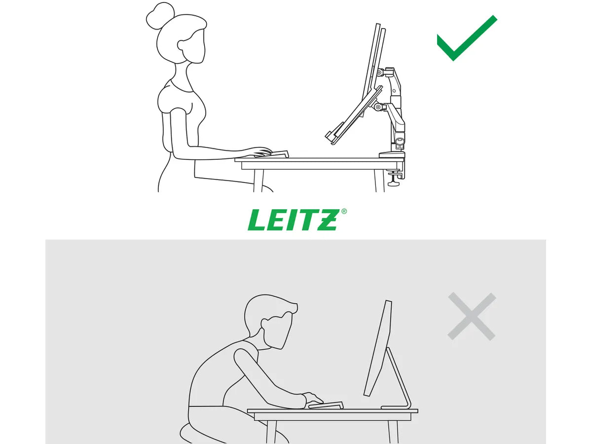 Vergleich zweier Sitzhaltungen vor dem Computer: oben korrekte Haltung mit Monitorarm, unten schlechte Haltung.