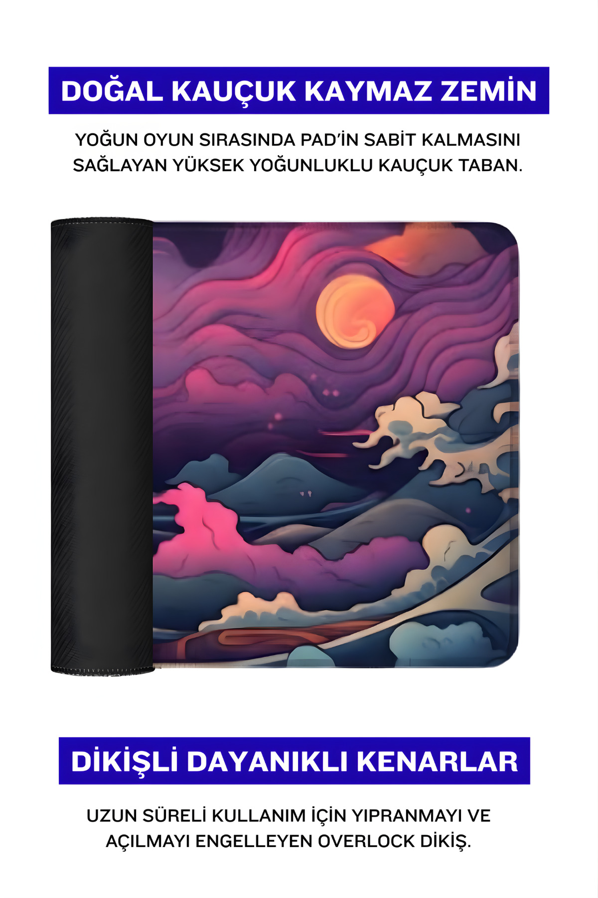 Dağlar, bulutlar ve turuncu-kırmızı ayın Japon tarzı çizimini içeren bir oyuncu mousepad'i.