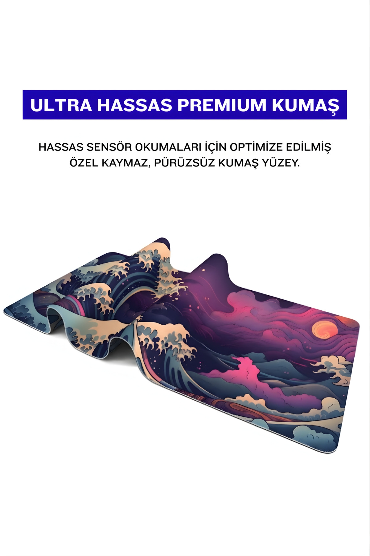 Japon dalgaları ve gün batımı sanatına sahip, üzerinde Türkçe metin olan mousepad.