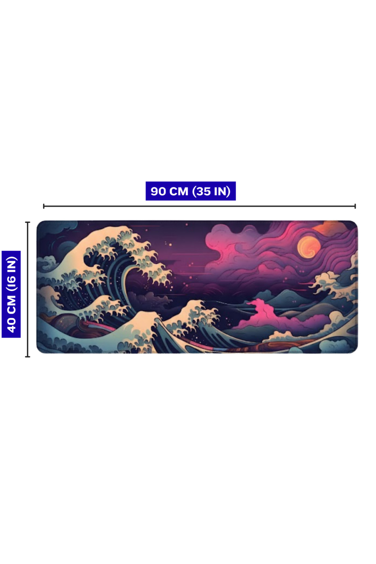 Gün batımında büyük bir dalga tasvirli, 90x40 cm boyutlarında dikdörtgen masa matı.