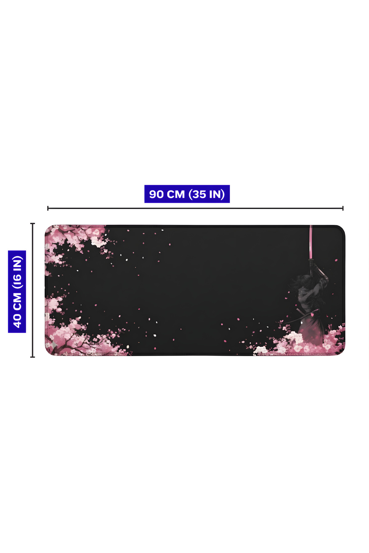 Kiraz çiçekleri ve samuray grafiğine sahip siyah mousepad, 90x40 cm.