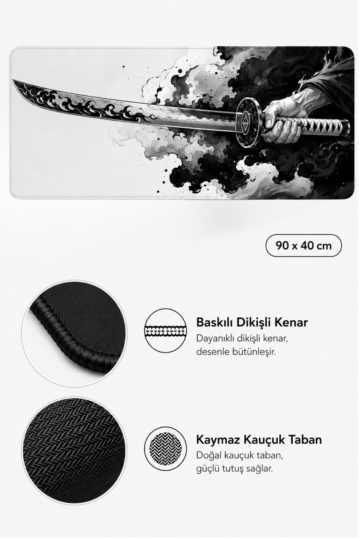 Katan tutan el görseline sahip, dikişli kenarlı ve kaymaz kauçuk tabanlı siyah beyaz oyuncu mousepad.