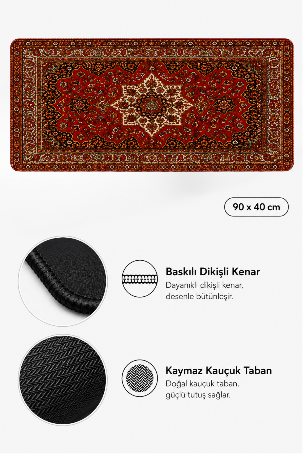 Kırmızı desenli halı, dikişli kenarlar ve kaymaz kauçuk taban, boyut 90x40 cm.